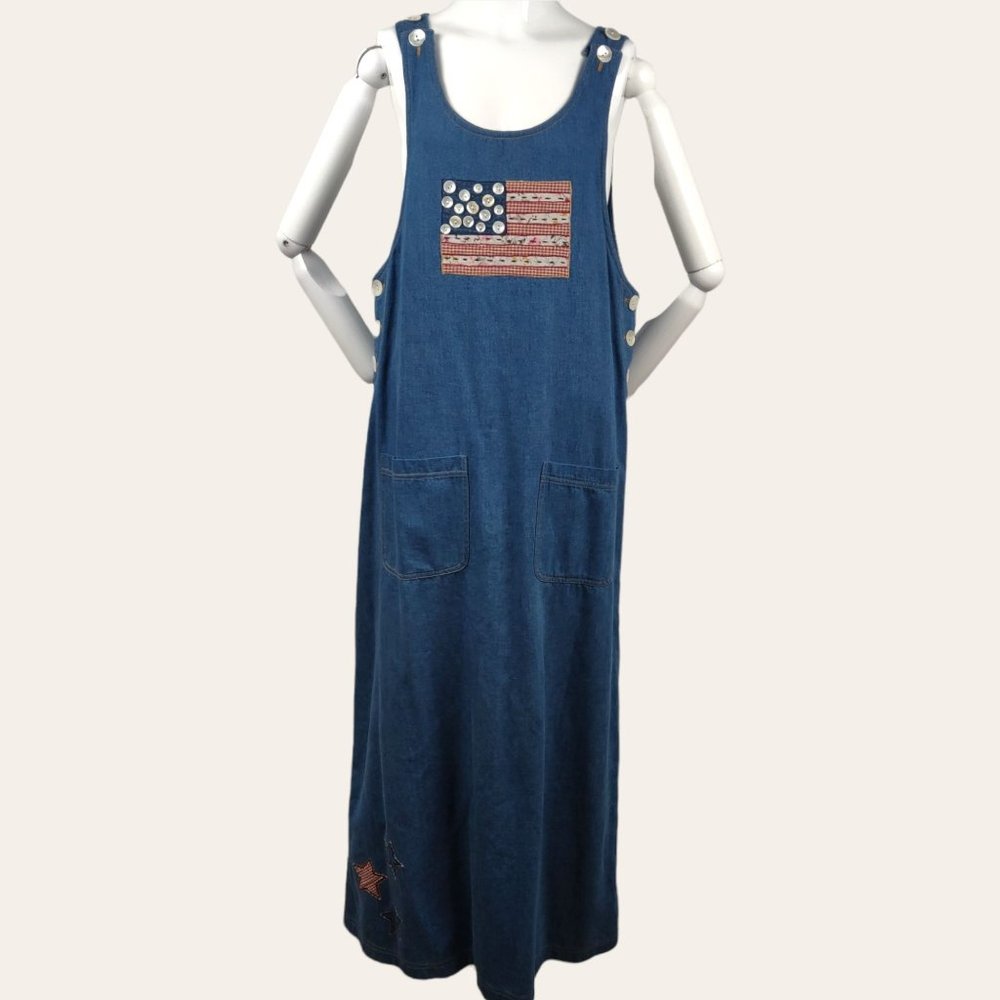 Vintage 1990s Denim Flag Quilt Jumper Dress Sheath Pearl Buttons Folk Art Cottag